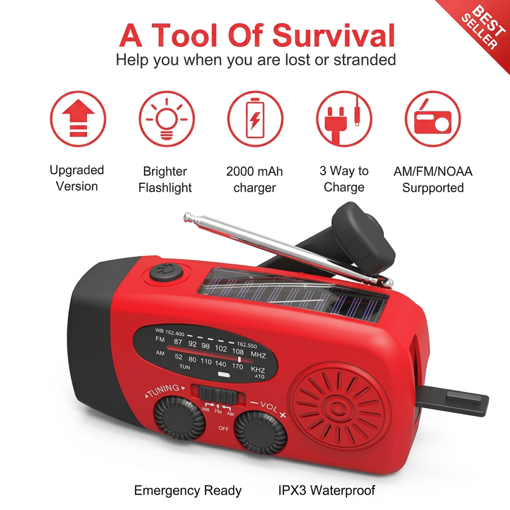 Emergency Radio Solar - 2000mAh Battery Portable Solar Radio with